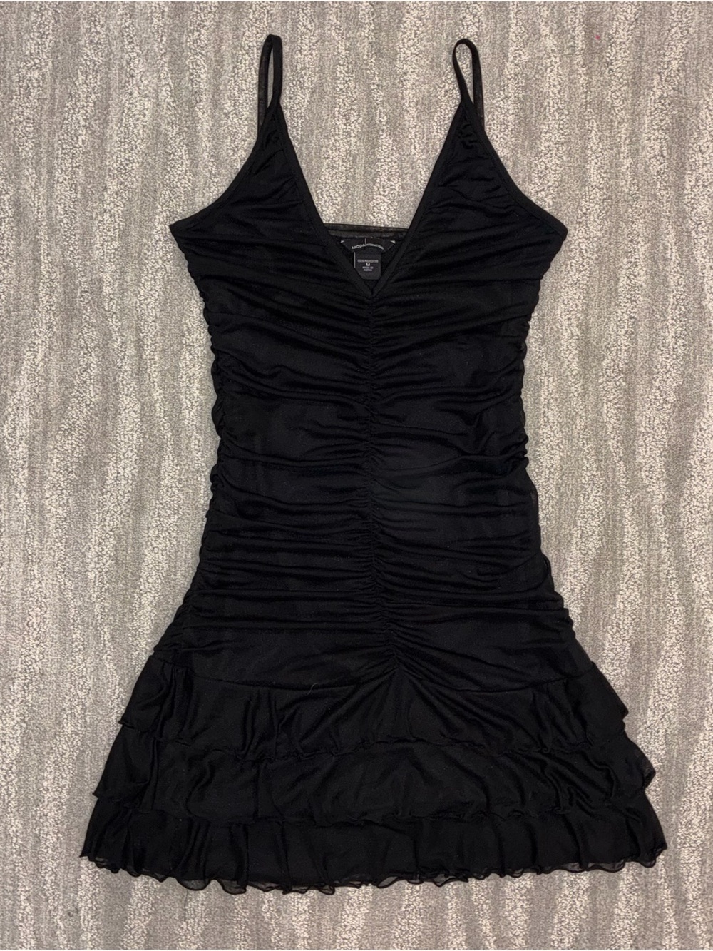VTG Moda International Black Ruched Mini Dress Ruffle Mesh Y2K Fairy Women’s M